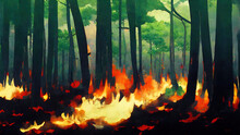 Forest Fire/wildfire Caused By Climate Change, Flames Across The Forest Floor