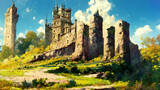 Painting of a medieval castle made of stone bordered by towers on an hill