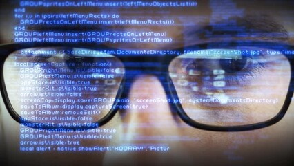  Young Software Engineer or Hacker Wearing Eyeglasses Writing Program Code. Several Lines of Code Appearing.   Augmented realty, Holographic Technology, IOT , AI, Big Data. 