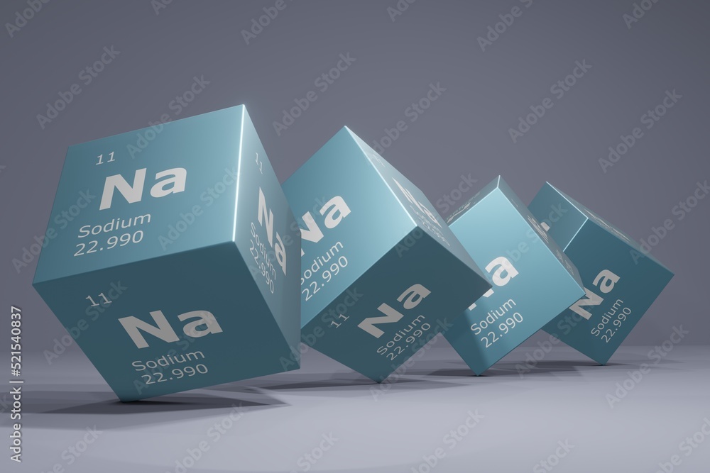 3D illustration of sodium, chemical element from the periodic table. Education, science and technology background