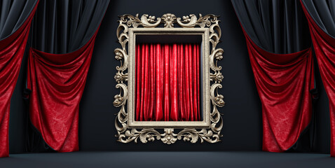 Wall Mural - 3d render of empty picture frame, gallery interior with empty frame on wall with curtain.