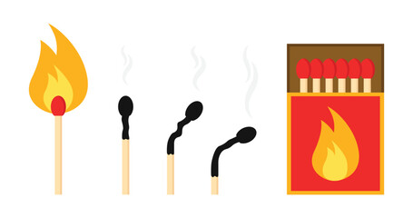 Leinwandbilder - Wooden fire match stick burning with flame, burnt matchstick with smoke and red matchbox with matches vector illustration icon set.