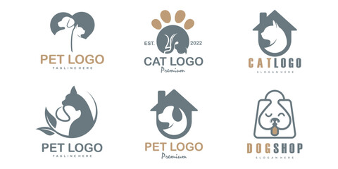 Wall Mural - Pet care icon set logo with dog and cat silhouette symbol for store veterinary clinic hospital