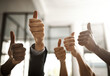 Teamwork, collaboration and thumbs up sign from diverse businesspeople approving and endorsing positive message. Closeup hands of a multiracial team recommend and showing support for good service