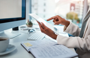 Aufkleber - Businessperson hands working on a digital tablet at a desk in a modern office. Closeup of business professional multitasking documents or checking data, schedule and daily plan at the workplace.