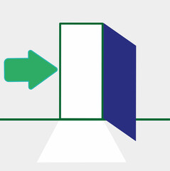 Wall Mural - Emergency exit, escape route sign, green arrow shows the direction of exit to an open door, symbol, sign