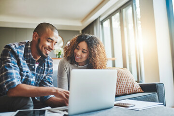 Finance, budget and ebanking couple working on laptop looking happy and hopeful about savings, investment and insurance. Boyfriend and girlfriend planning financial future lifestyle together at home
