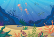 Sea life concept. Representatives of underwater world, jellyfish at bottom swim among corals. Flora and fauna. Sea, ocean and water. Fish, fauna, poster for website. Cartoon flat vector illustration