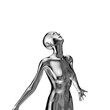 Metallic glossy naked woman mannequin in a freedom pose looking up with outreached arms - 3d illustration of a surreal futuristic technological artificial woman with silver chrome color