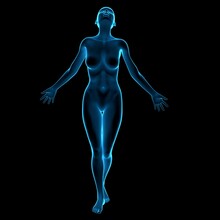 Holographic X Ray Naked Woman Mannequin In A Freedom Pose Looking Up With Outreached Arms - 3d Illustration Of A Surreal Futuristic Technological Artificial Woman With Blue Hologram Translucent