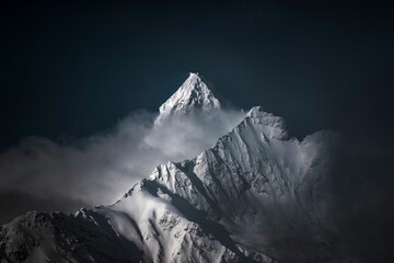 Wall Mural - High-angle shot of snowy mountains covered with clouds during a dark evening
