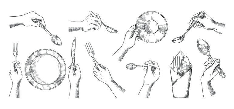 Wall Mural - Sketch hands with cutlery. Top view of vintage dish on dinner table. Fork and knife in arms. Napkin and spoon. Lunch serving. Person holding silverware. Vector isolated tableware set