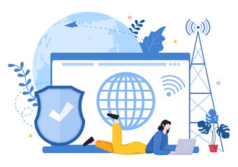 ISP or Internet Service Provider Cartoon Illustration with Keywords and Icons for Intranet Access, Secure Network Connection and Privacy Protection