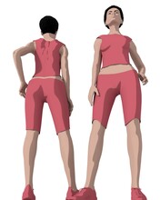 Two Standing Afro American Women. Front And Back View. Young Woman Wearing Casual Workout Clothes. Sport Fashion Girl Outline In Urban Casual Style. 3D Render
