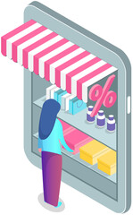 Wall Mural - shopping app with woman push buy button from online shop. service for purchasing goods in store via 