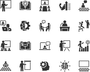 vector set of training flat icons. contains icons coaching, teaching, knowledge, presenter, audience