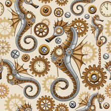 Steampunk Seahorse Vintage Surreal Art Vector Seamless Repeat Textile Pattern Design