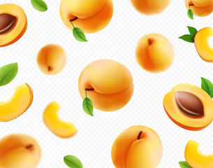 Wall Mural - Apricot fall background. Realistic apricot with green leaf on transparent background Flying. blur effect. Vector