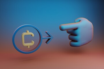 Fototapete - Beautiful illustrations abstract Hand index finger points to Coin symbol icon on a multicolor bright background. 3d rendering illustration. Background pattern for design. .