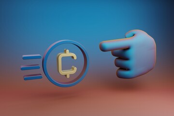 Fototapete - Beautiful illustrations abstract Hand index finger points to Coin Token symbol icon on a multicolor bright background. 3d rendering illustration. Background pattern for design. .