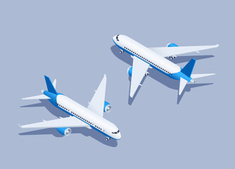 isometric vector illustration on gray background, civil passenger plane back and front view, air tra
