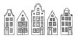 A set of doodle dutch canal houses. Architecture of Netherlands.Typical Amsterdam buildings. Hand-drawn vector illustration