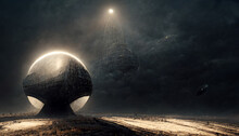 Alien Monolithic Orb Structure On Otherworldly Planet Landscape