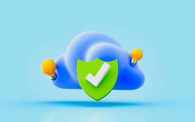Wall Mural - cloud lightbulb security check mark sign 3d render concept for server data maintenance protection