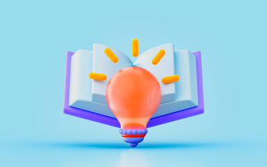 Wall Mural - book and light blub sign 3d render concept for new research invention brain working bright future