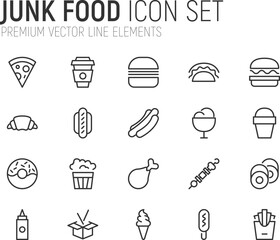 Wall Mural - Simple line set of junk food icons.