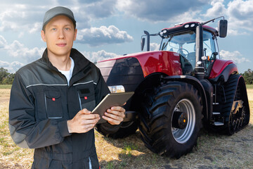 Aufkleber - Farmer with a digital tablet on the background of an agricultural tractor