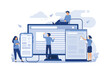 concept of web page design and development of mobile websites, small people are working on creating a website, applications, transferring information. flat design modern illustration