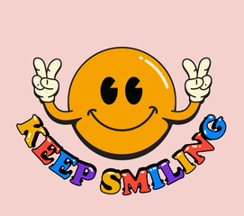 Motivational illustration with funny cartoon yellow smile emoji face with keep smiling sign isolated on pink background for t-shirt or poster or card print. Vector illustration