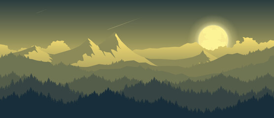 Wall Mural - beautiful landscape of mountains and moon In the night with a beautiful meteor sky.