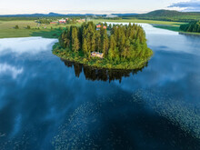 Aerial View Of Peninsula With Lonely Cabin In Overtornea, Sweden.