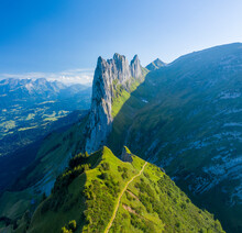 Aerial View Of A Mountain Peak On Swiss Alps, Sax, St. Gallen, Switzerland.