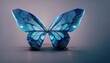 A digital butterfly in a futuristic polygonal style on a blue background is isolated on a gray background.