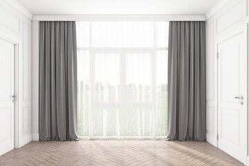 Empty room with window and gray curtains using white tones in the decoration design. 3D rendering