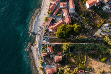 Aerial View Of Pomonte, A Small Town Along The Coast Facing The Mediterranean Sea, Elba Island, Tuscany, Italy.