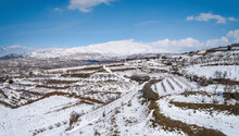 Aerial View Of An Agricultural Field With Snow In Wintertime, Golan Heights, Israel.