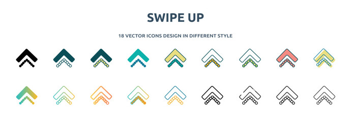 swipe up icon in 18 different styles such as thin line, thick line, two color, glyph, colorful, lineal color, detailed, stroke and gradient. set of swipe up vector for web, mobile, ui