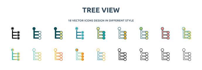 tree view icon in 18 different styles such as thin line, thick line, two color, glyph, colorful, lineal color, detailed, stroke and gradient. set of tree view vector for web, mobile, ui