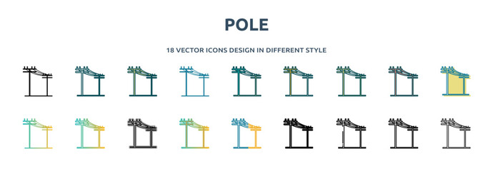 pole icon in 18 different styles such as thin line, thick line, two color, glyph, colorful, lineal color, detailed, stroke and gradient. set of pole vector for web, mobile, ui