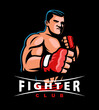 Fighter with fists in gloves stands in fighting stance. Design for fight club or sports emblem. Vector illustration