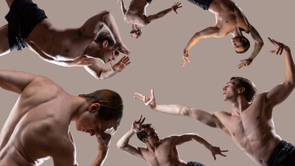 Fantastic collage of different poses of young muscular man in an expressive poses. Beautiful muscles. extraordinary athletic body.