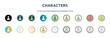 characters icon in 18 different styles such as thin line, thick line, two color, glyph, colorful, lineal color, detailed, stroke and gradient. set of characters vector for web, mobile, ui