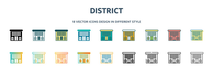 district icon in 18 different styles such as thin line, thick line, two color, glyph, colorful, lineal color, detailed, stroke and gradient. set of district vector for web, mobile, ui