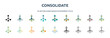 consolidate icon in 18 different styles such as thin line, thick line, two color, glyph, colorful, lineal color, detailed, stroke and gradient. set of consolidate vector for web, mobile, ui