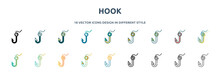 Hook Icon In 18 Different Styles Such As Thin Line, Thick Line, Two Color, Glyph, Colorful, Lineal Color, Detailed, Stroke And Gradient. Set Of Hook Vector For Web, Mobile, Ui