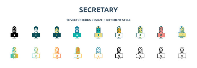 secretary icon in 18 different styles such as thin line, thick line, two color, glyph, colorful, lineal color, detailed, stroke and gradient. set of secretary vector for web, mobile, ui